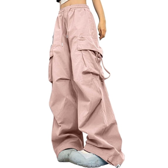 CIENVNSTG Soft Comfy Casual Solid Color Cargo Bottoms For Women High Waisted Drawstring Baggy Loose Wide Leg Y2K Hip Hop Palazzo Pants For Daily Street Lifestyle Activities Light pink 2XL