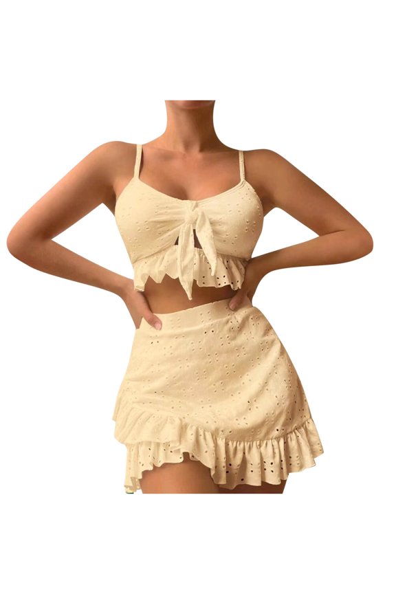Solid Color Ruffle Bikini Set Womens High Waisted Twist Front Eyelet Flowy Style Tummy Control Two Piece Swimsuit With Skirt Outfit Gold L