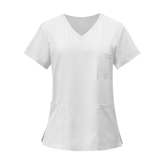CIENVNSTG Solid Color V Neck Scrub Tops for Women Short Sleeve Side Split Hem T Shirt with Patch Pockets Stretch Basic Workwear White XXL
