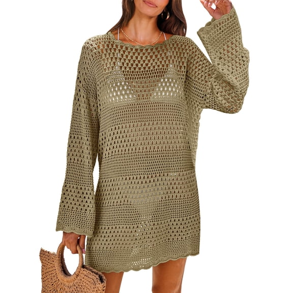 CIENVNSTG Solid Hollow Out Crew Neck Dress Versatile Beach Wear Cover Up Dress For Spring & Summer Women's Clothing Khaki L
