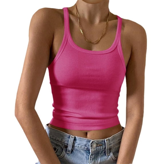 CIENVNSTG Solid Ribbed Knit Basic Tank Top Shirts for Women Slim Fitting Scoop Neck Sleeveless Design for Summer Everyday Wear And Daily Matching Hot Pink S