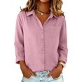 thumbnail image 1 of CIENVNSTG Spring Summer Cotton Linen Blouses for Women 3/4 Sleeve Lapel Collar Button Down Design with Chest Pocket Loose Fit Comfy Lightweight Plain Tops for Daily Commute and Casual Outings Pink XL, 1 of 3