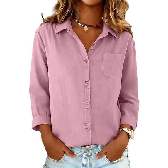 CIENVNSTG Spring Summer Cotton Linen Blouses for Women 3/4 Sleeve Lapel Collar Button Down Design with Chest Pocket Loose Fit Comfy Lightweight Plain Tops for Daily Commute and Casual Outings Pink XL