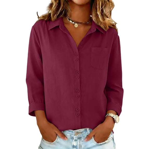 CIENVNSTG Spring Summer Dressy Casual Cotton Linen Shirts for Women 3/4 Sleeve Lapel Collar Button Down with Chest Pocket Loose Fit Lightweight Plain Comfy Blouses for Daily Commute Wine L