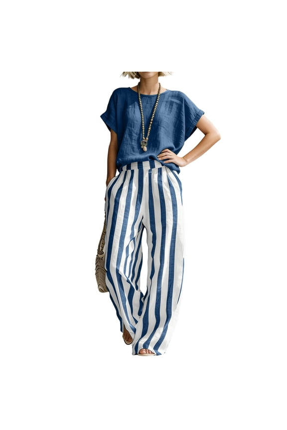 Striped 2 Piece Matching Outfit Sets for Women Loose Fit Wide Leg Pants Coordinating Top Summer Casual Daily Lounge Outdoor Wear Lightweight Outfit Sets Navy L