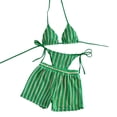 thumbnail image 1 of CIENVNSTG Striped Boho Halter Bikini Three Pieces Suit Womens Loose Cover Up Shorts Comfort Bathing Outfit for Seaside Pool Daily Activities Green L, 1 of 4