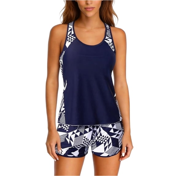 CIENVNSTG Summer Casual Two Piece Tankini Suit Blouson Style Tummy Control Bathing Suit with Practical Sporty Pockets and Baggy Swim Shorts Royal Blue L