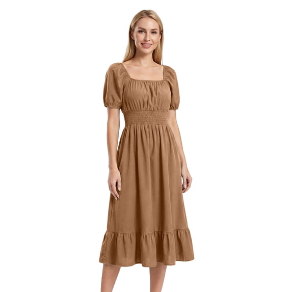 CIENVNSTG Summer Dresses For Women 2026 Square Neck Puff Sleeve Smocked Waist Midi Dress Ruffle Hem A Line Casual Summer Sundress Multicolor 2XL