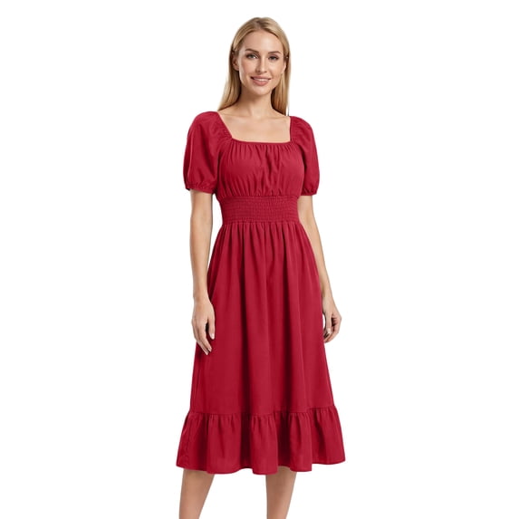 CIENVNSTG Summer Dresses For Women 2026 Square Neck Puff Sleeve Smocked Waist Midi Dress Ruffle Hem A Line Casual Summer Sundress Red M