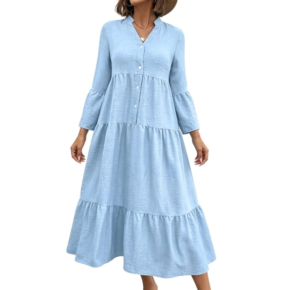 CIENVNSTG Summer Dresses for Women 2026 Vacation Long Sleeve Maxi Dress V Neck Button Down Flowy Tiered Ruffle Shirt Dress Summer Casual Long Dresses Sky Blue M