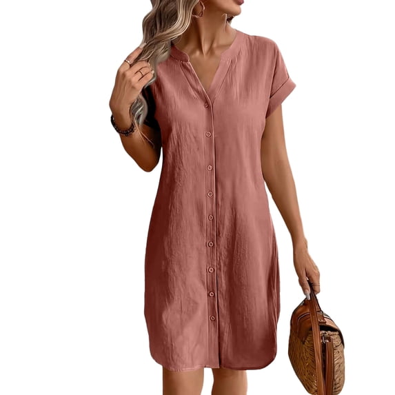 CIENVNSTG Summer Dresses for Women 2026 Casual Button Down Linen Shirt Dress Short Sleeve Knee Length Tunic Dress Pink L