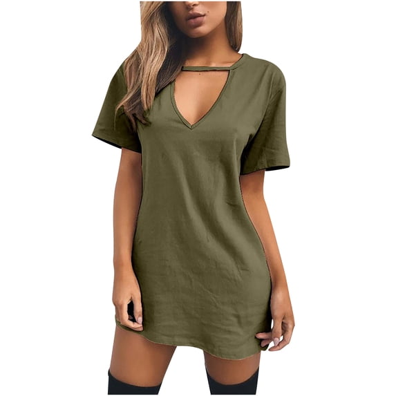 CIENVNSTG Summer Dresses for Women 2026 V-Neck Short Sleeve Casual Sundresses T-Shirt Dress Side-Slit Casual Dress M