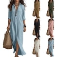 thumbnail image 1 of CIENVNSTG Summer Dresses for Women 2026 Vacation Long Sleeve Notch Neck Maxi Linen Shirt Dress Loose Button Down Tunic Shift Dress Brown L, 1 of 4