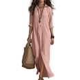 thumbnail image 1 of CIENVNSTG Summer Dresses for Women 2026 Vacation Long Sleeve Notch Neck Maxi Linen Shirt Dress Loose Button Down Tunic Shift Dress Pink 2XL, 1 of 4