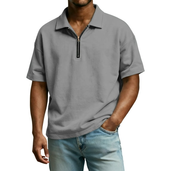 CIENVNSTG Summer Men's Clothing Light Luxury T Shirt Short Sleeve Collared Zipper Neck Solid Color Loose Basic Shirt Popular Top Gray L