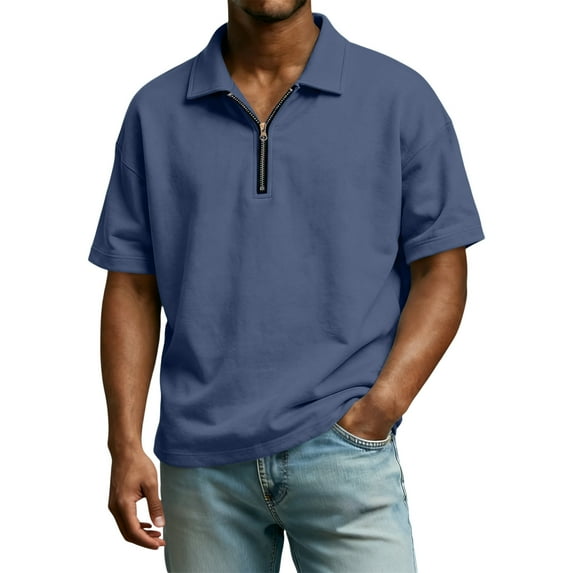 CIENVNSTG Summer Men's Clothing Light Luxury T Shirt Short Sleeve Collared Zipper Neck Solid Color Loose Basic Shirt Popular Top Navy M