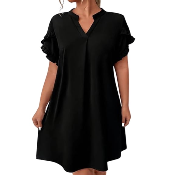 CIENVNSTG Summer New Loose Lotus Leaf Sleeve Women's V-neck Dress Women Beach Cover Black 5XL