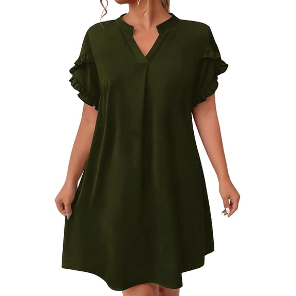 CIENVNSTG Summer New Loose Lotus Leaf Sleeve Women's V-neck Dress Women Beach Cover Dark Green 3XL
