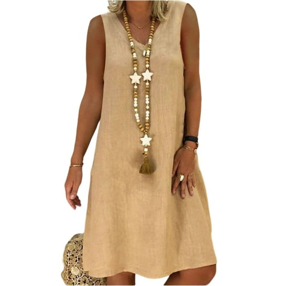 CIENVNSTG Summer Sleeveless V-Neck Beachwear Solid Oversized Dress Female Fashion Elegant Maxi Dress Khaki XL