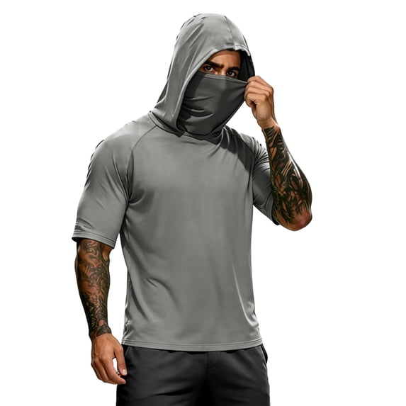 CIENVNSTG Sun Shield Top for Men Solid Color Hooded Short Sleeve Athletic Stretch Lightweight Workout Shirt Casual Fishing Daily Wear Quick Dry Tee Shirts Gray XXL