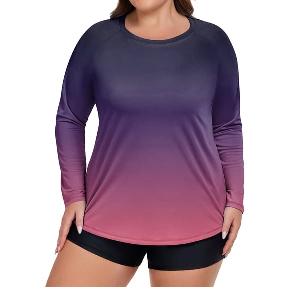 CIENVNSTG Swim Shirts For Women Plus Size Long Sleeve Gradient Print Rash Guard Loose Fit Swimsuit Top Upf 50+Sun Protection Quick Dry Hiking Swim Shirt Dark Purple 3XL