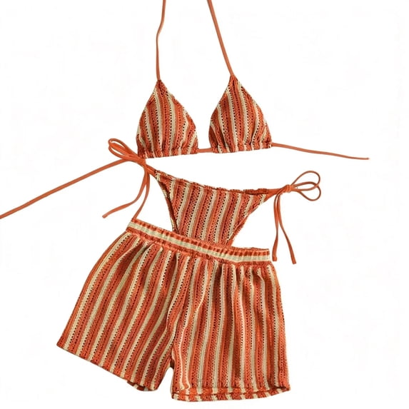 CIENVNSTG Three Pieces Boho Bikini Suit Womens Striped Halter Design Relaxed Cover Up Shorts Stylish Bathing Wear for Outdoor Seaside Use Red M