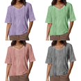 thumbnail image 1 of CIENVNSTG Tops For Women V Neck Short Sleeve Casual Fit Hollow Out Knit Oversized T Shirts Basic Summer Petite Office Tunic Top Ladies Blouse Blue L, 1 of 5