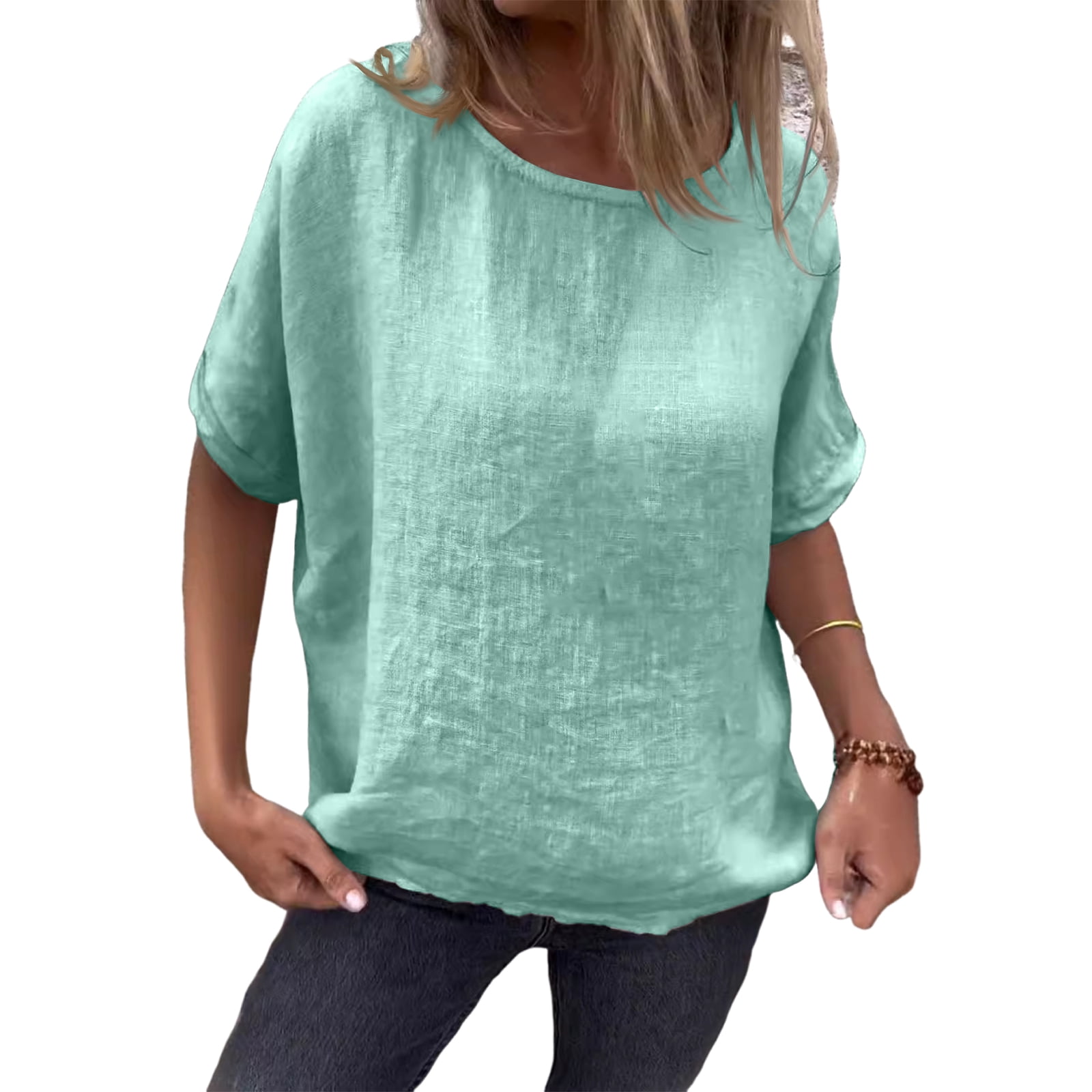 CIENVNSTG Tops for Women Short Sleeve Crewneck Cotton Linen Blouses ...