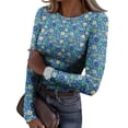 thumbnail image 1 of CIENVNSTG Tops for Women Long Sleeve Crewneck Ribbed Knit Going Out Tops Trendy Slim Fit Outfits Retro Floral Stretch Basic Tees Dark Blue S, 1 of 7