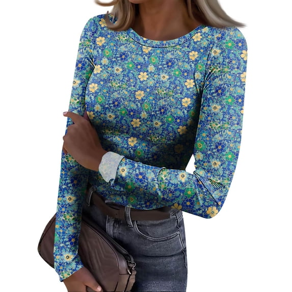 CIENVNSTG Tops for Women Long Sleeve Crewneck Ribbed Knit Going Out Tops Trendy Slim Fit Outfits Retro Floral Stretch Basic Tees Dark Blue S