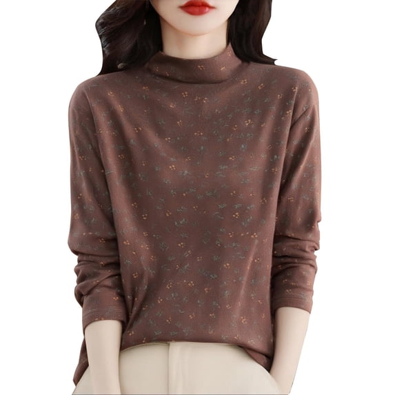 CIENVNSTG Turtleneck Tops for Women Retro Floral Long Sleeve Basic Fall Shirts Dressy Casual Lightweight Work Blouse Undershirt Coffee XL