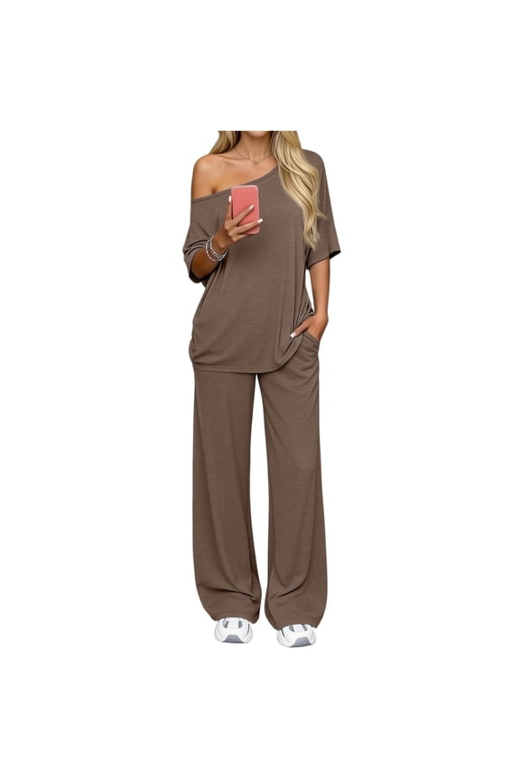 Two Piece Sets for Women Summer Fashion Off Shoulder Oversized Lounge Matching Tops Wide Leg Pant Set 2026 Spring Travel Vacation Airport Outfits Clothing Khaki XL