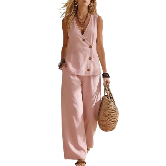 CIENVNSTG Two Piece Sets for Women Summer Sleeveless V-neck Cotton Linen Vest Waistcoat Casual Wide Leg Pants Suits Beach Vacation Pink S