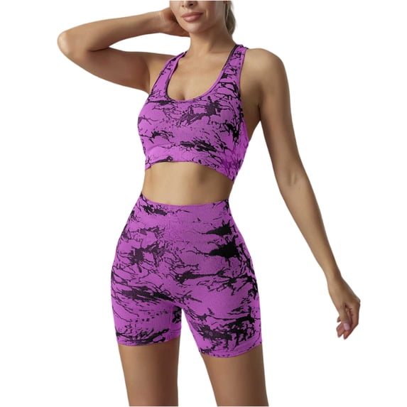 CIENVNSTG Two Piece Workout Sets for Women Summer Seamless High Waist Shorts Yoga Outfits Sports Bra Gym Shorts Workout Gym Yoga Purple XL