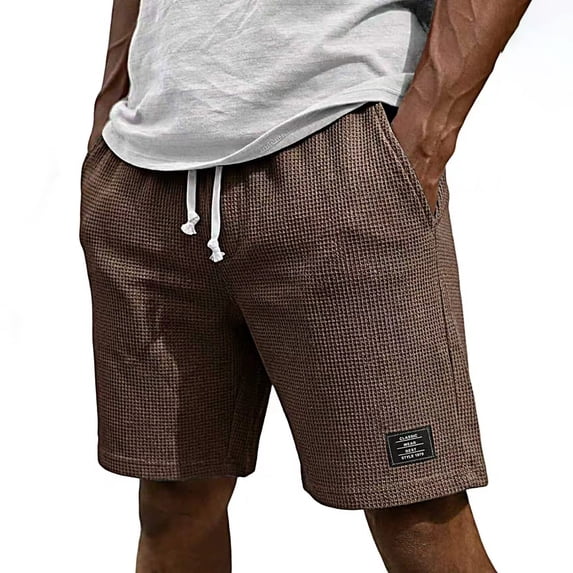 CIENVNSTG Waffle Shorts for Men Lightweight Classic Style Athletic Sweat Bottoms Elastic Drawstring Waist Summer Beach Casual Short Pants with Pockets Brown XXXXL