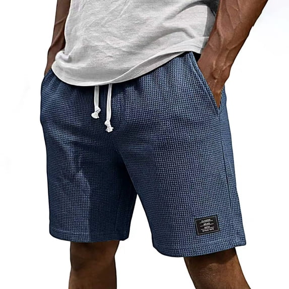 CIENVNSTG Waffle Shorts for Men Lightweight Classic Style Athletic Sweat Bottoms Elastic Drawstring Waist Summer Beach Casual Short Pants with Pockets Navy XXL
