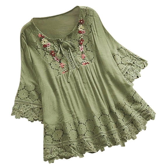 CIENVNSTG Women 3/4 Length Sleeve Womens Embroidered Boho Tops Loose Fit Tunic Flowy Lace Tunic Summer Blouse Shirts Trendy Clothes 2026 Green 4XL