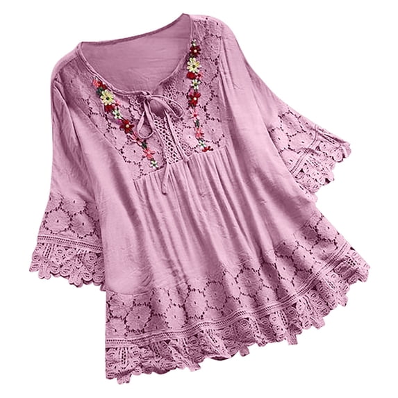 CIENVNSTG Women 3/4 Length Sleeve Womens Embroidered Boho Tops Loose Fit Tunic Flowy Lace Tunic Summer Blouse Shirts Trendy Clothes 2026 Purple 3XL