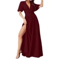 thumbnail image 1 of CIENVNSTG Women High Waist Crossover V Neck Dresses Summer Side Split Hem Dress Solid Color Short Sleeve Gown Female Commuter Casual Frock Party Dresses Wine M, 1 of 4