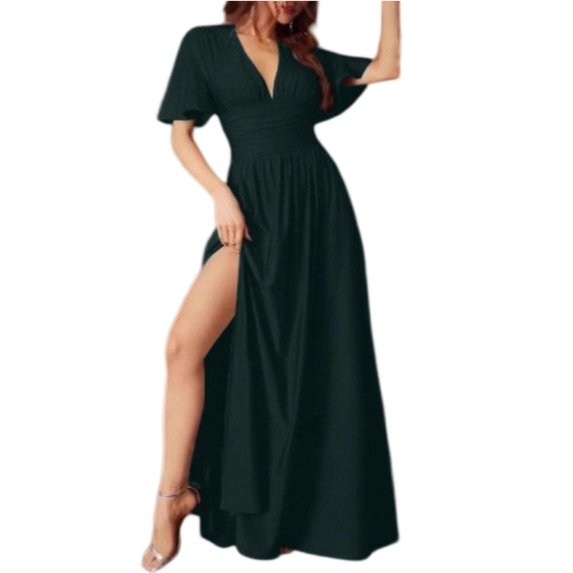 CIENVNSTG Women High Waist Crossover V Neck Dresses Summer Side Split Hem Dress Solid Color Short Sleeve Gown Female Commuter Casual Frock Party Dresses Green M