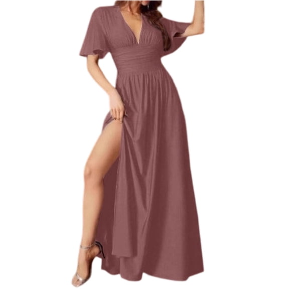 CIENVNSTG Women High Waist Crossover V Neck Dresses Summer Side Split Hem Dress Solid Color Short Sleeve Gown Female Commuter Casual Frock Party Dresses Pink S