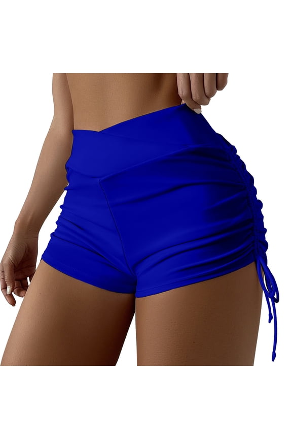 Women High Waisted V Cut Bottoms Drawstring Ruched Side Tie Ruched Bathing Suit Board Shorts Boy Shorts Blue S