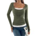 thumbnail image 1 of CIENVNSTG Women Lace Patchwork Ribbed Knit Tee Scoop Neck Casual Slim Fit Long Sleeve Crewneck Button Up Ruched Crop T-Shirts Army Green L, 1 of 7