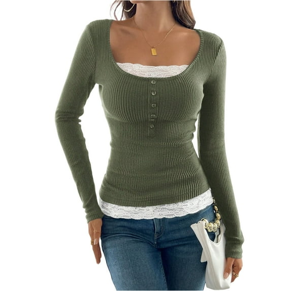CIENVNSTG Women Lace Patchwork Ribbed Knit Tee Scoop Neck Casual Slim Fit Long Sleeve Crewneck Button Up Ruched Crop T-Shirts Army Green L