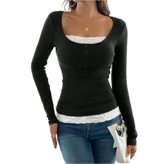 CIENVNSTG Women Lace Patchwork Ribbed Knit Tee Scoop Neck Casual Slim Fit Long Sleeve Crewneck Button Up Ruched Crop T-Shirts Black L
