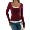 thumbnail image 1 of CIENVNSTG Women Lace Patchwork Ribbed Knit Tee Scoop Neck Casual Slim Fit Long Sleeve Crewneck Button Up Ruched Crop T-Shirts Wine S, 1 of 7