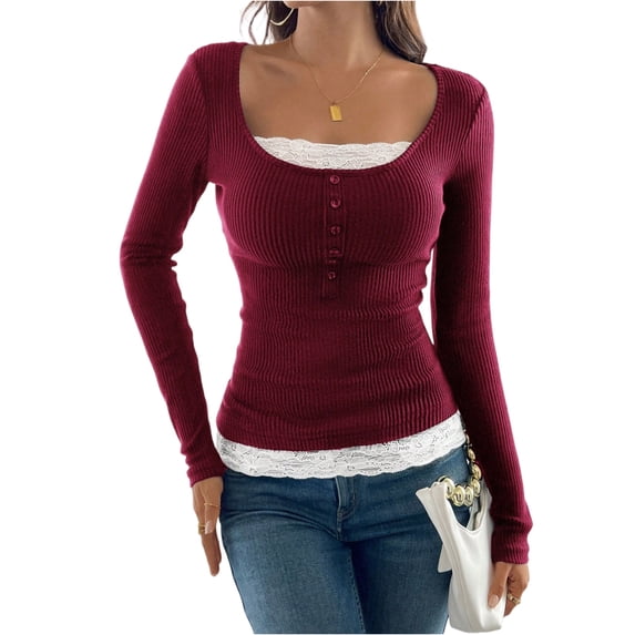 CIENVNSTG Women Lace Patchwork Ribbed Knit Tee Scoop Neck Casual Slim Fit Long Sleeve Crewneck Button Up Ruched Crop T-Shirts Wine S
