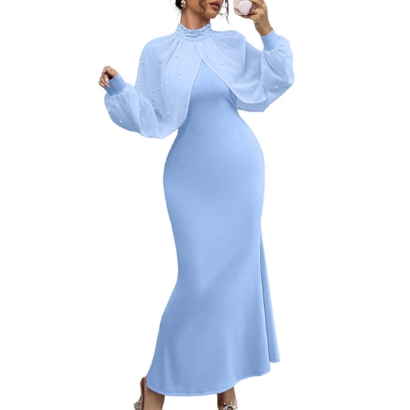 CIENVNSTG Women Long Dress Embroidered Stand Collar Stretch Slim Maxi Gown Female Autumn Party Sheath Dresses Blue M