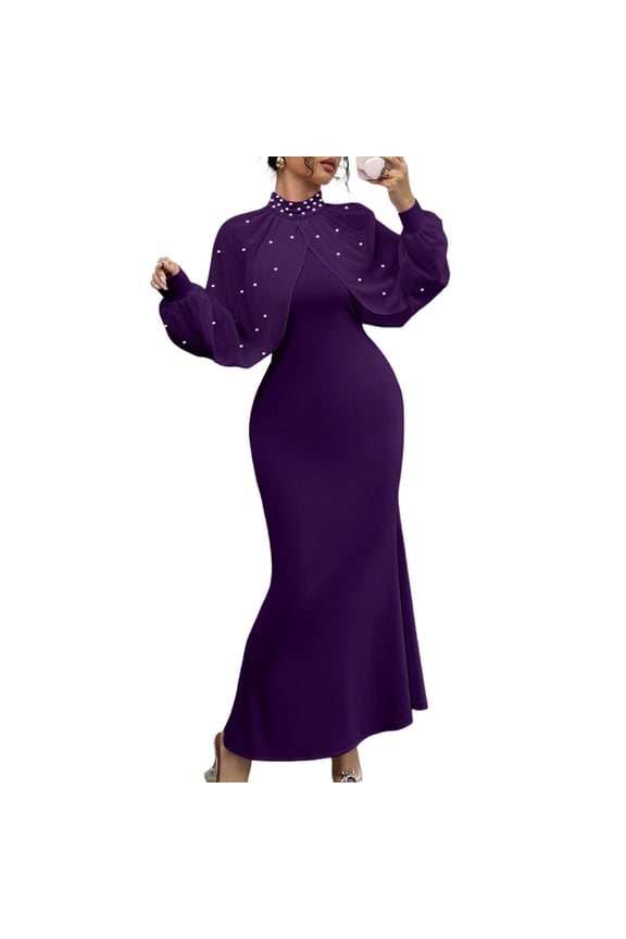 Women Long Dress Embroidered Stand Collar Stretch Slim Maxi Gown Female Autumn Party Sheath Dresses Dark Purple M