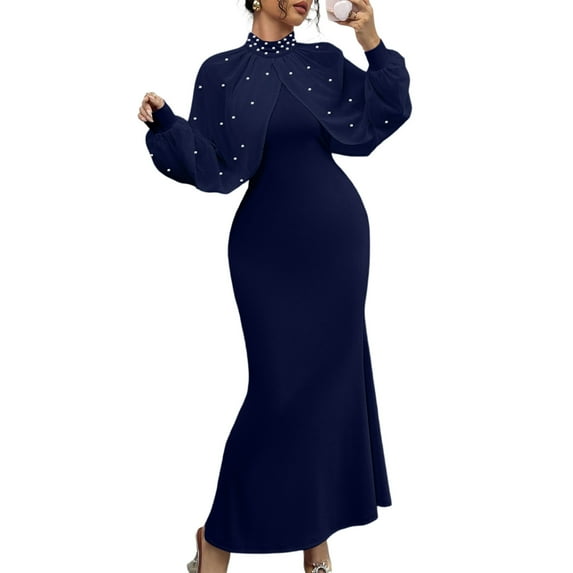 CIENVNSTG Women Long Dress Embroidered Stand Collar Stretch Slim Maxi Gown Female Autumn Party Sheath Dresses Navy XL